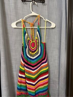 TOGETHER Multicolor Crochet Halter Maxi Dress Size L Boho Festival